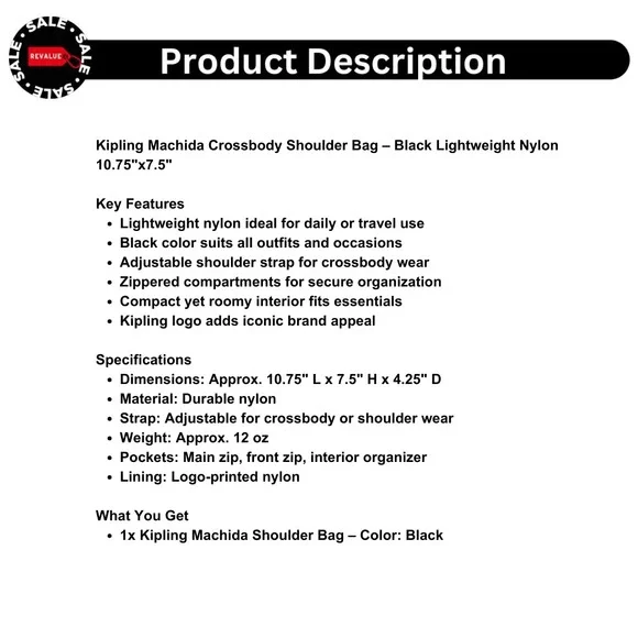 Kipling Machida Crossbody Shoulder Bag – Black Lightweight Nylon 10.75"x7.5" - Picture 2 of 5